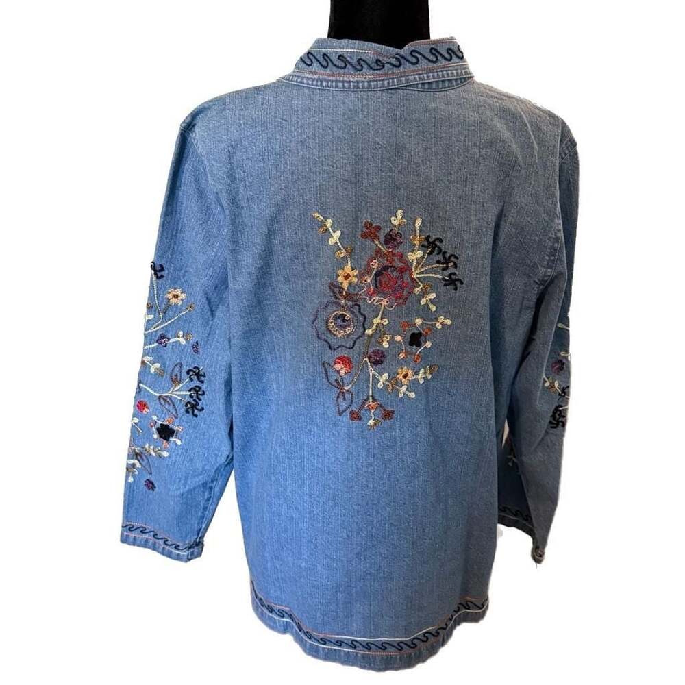 Denim & Co. Women's Floral Embroidered Denim Button-Front Shirt Jacket - Picture 2 of 8